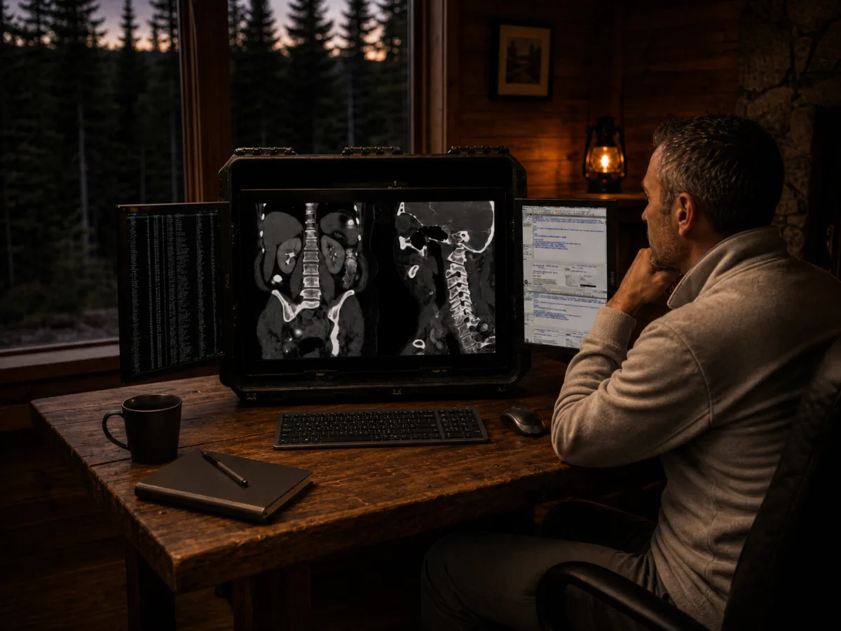 Radiologist reading remotely from a quiet cabin workstation