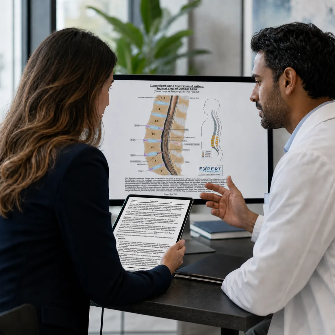 Expert Radiology team reviewing a custom illustrated spine report
