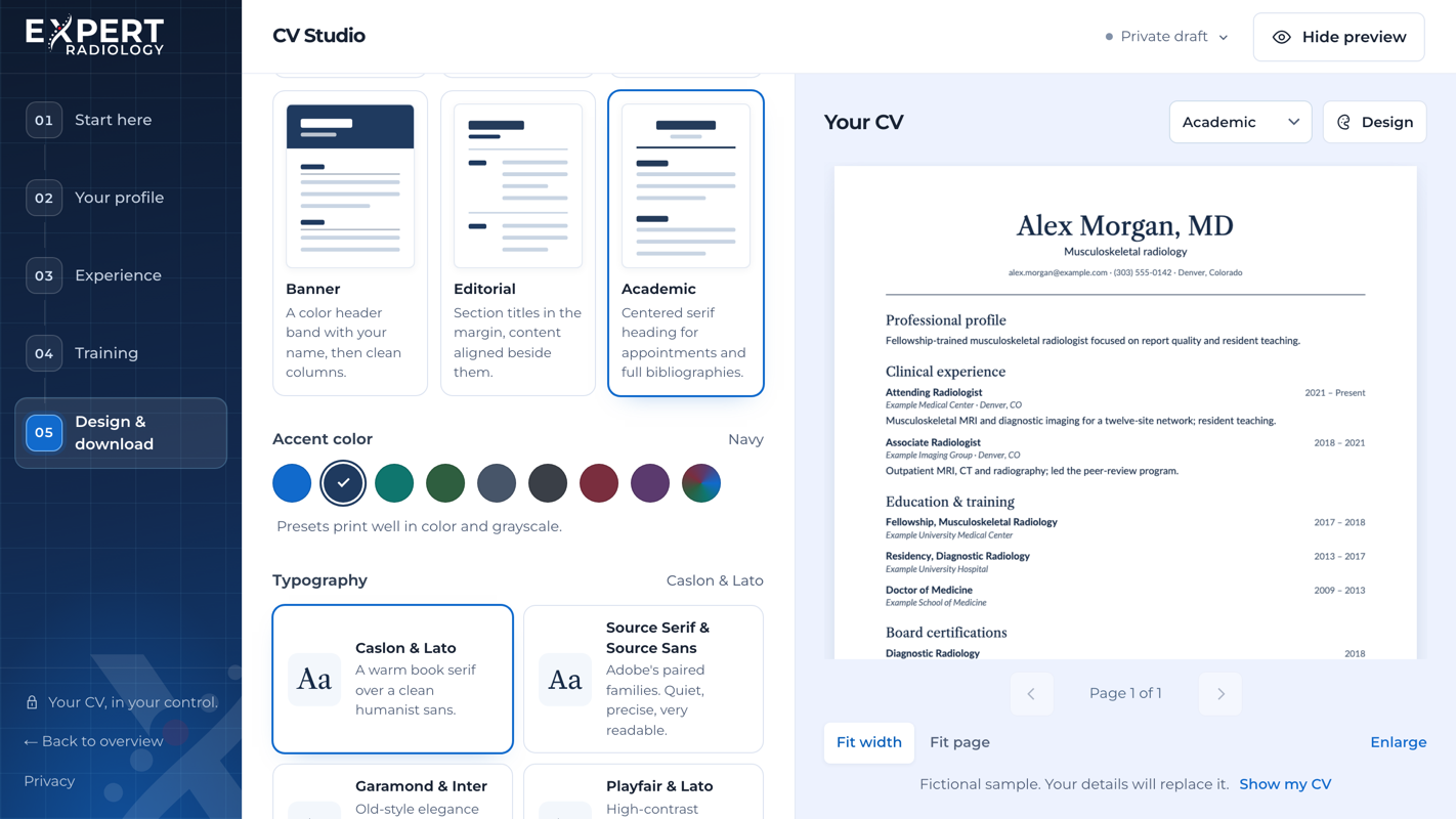 Radiologist CV Studio showing the design panel with layout, color and typography choices beside a preview of a fictional radiologist CV in the Academic layout.