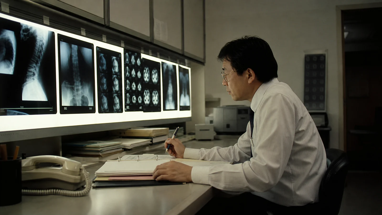 Radiologist reviewing diagnostic films on a lightbox in an older reading room