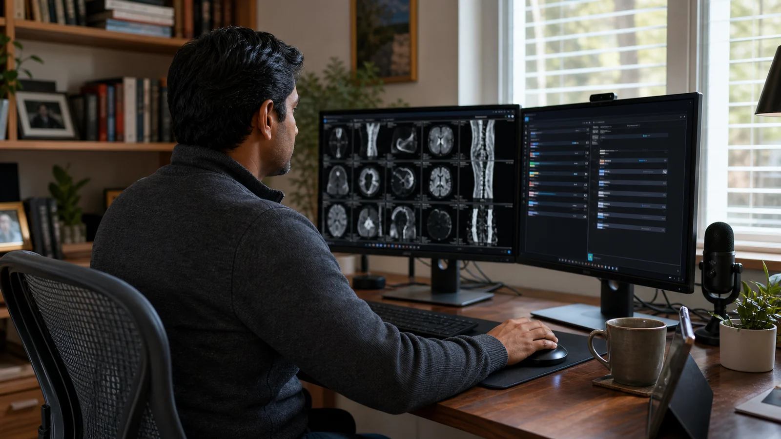Teleradiologist reading studies from a home office workstation