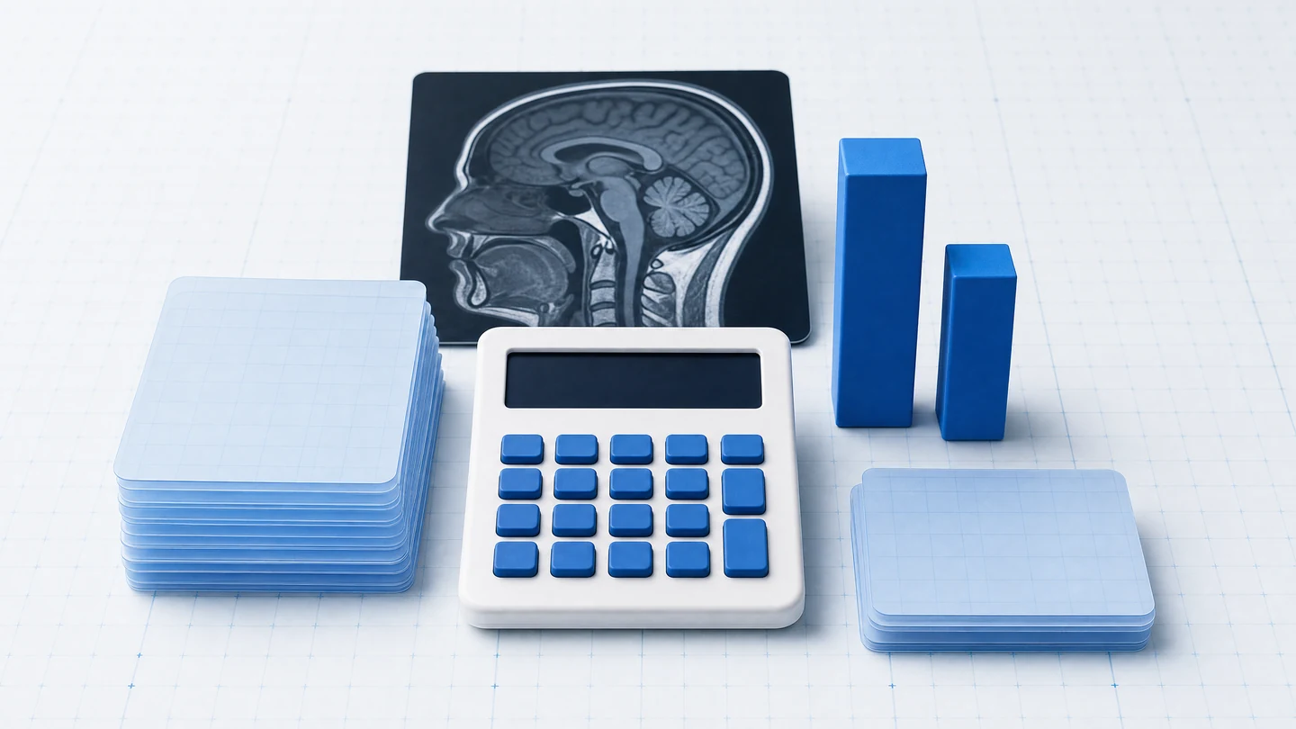A calculator with study cards and comparison bars on a clinical blue grid.