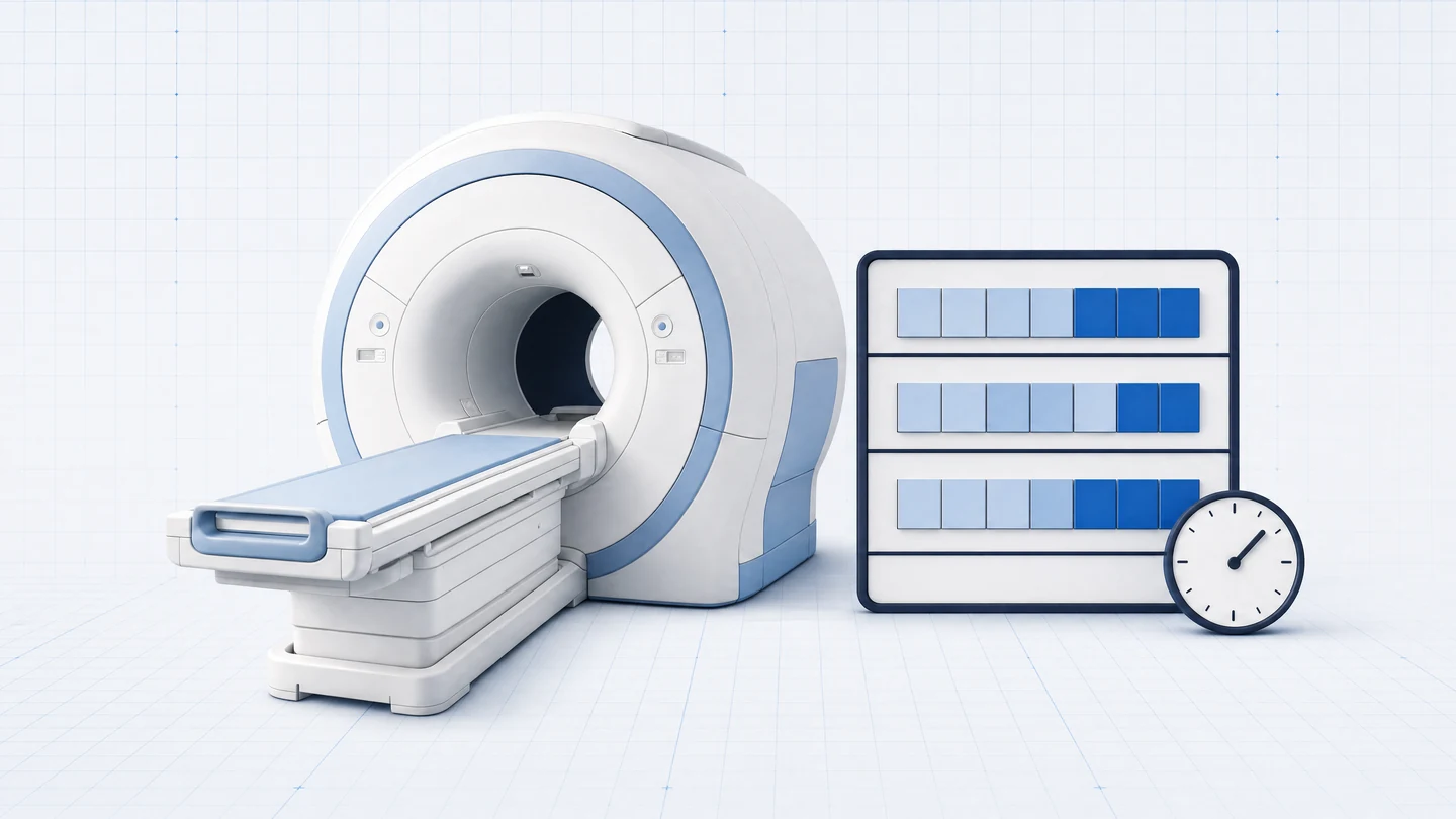 An MRI scanner beside appointment blocks and a clock on a clinical blue grid.