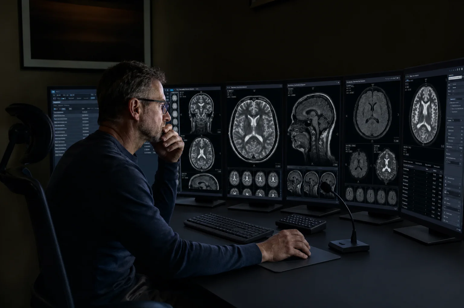 Radiologist reading MRI at an ExRad Station workstation
