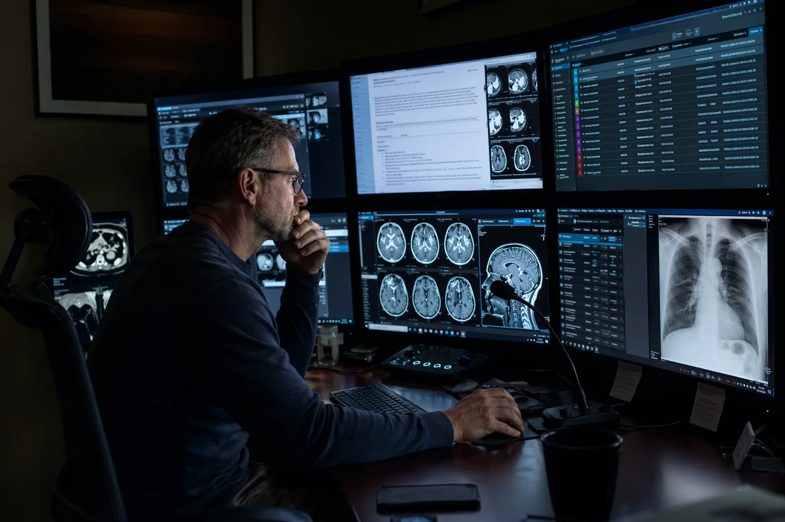 Radiologist at a multi-monitor workstation