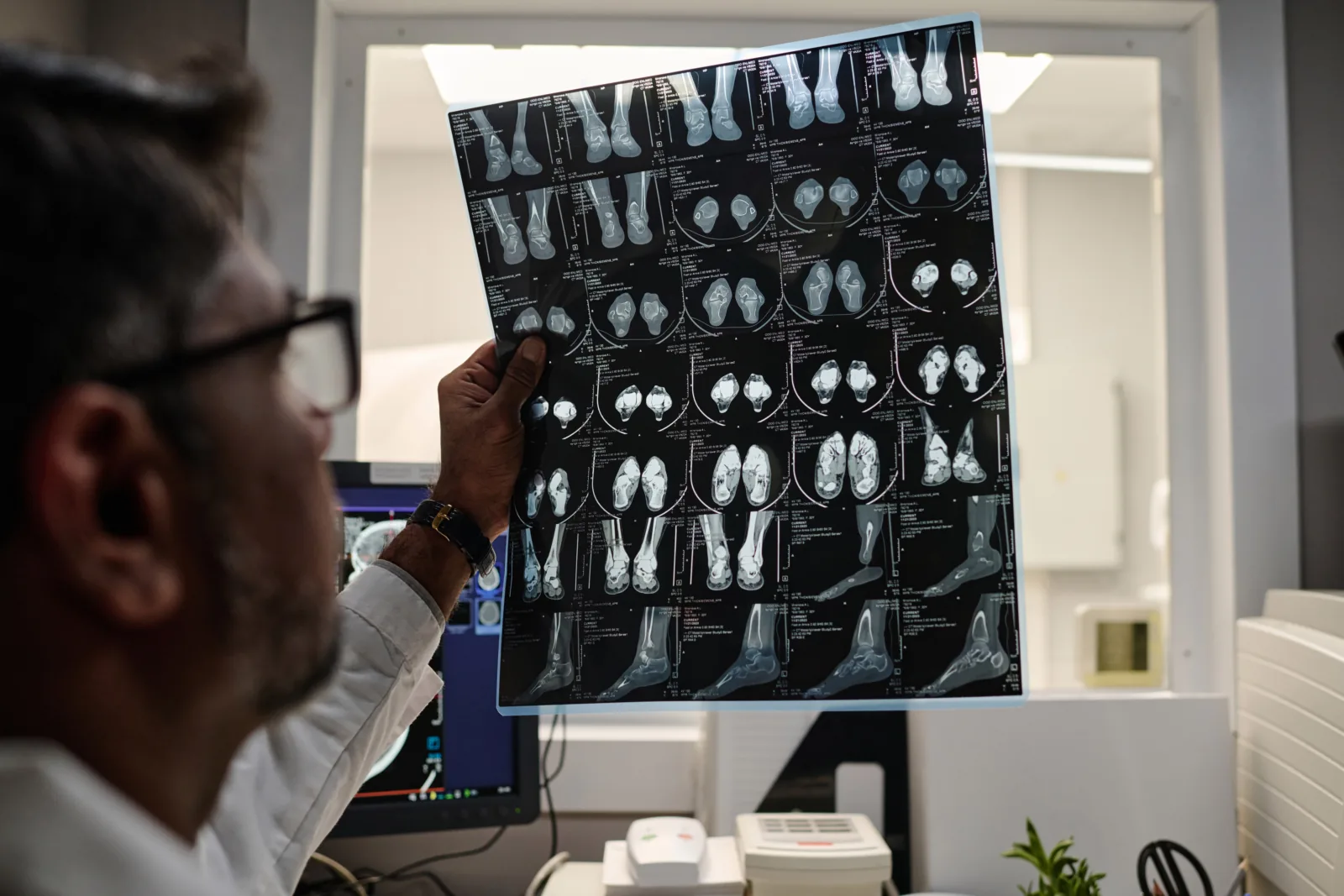 Healthcare professional reviewing foot imaging in a hospital reading area