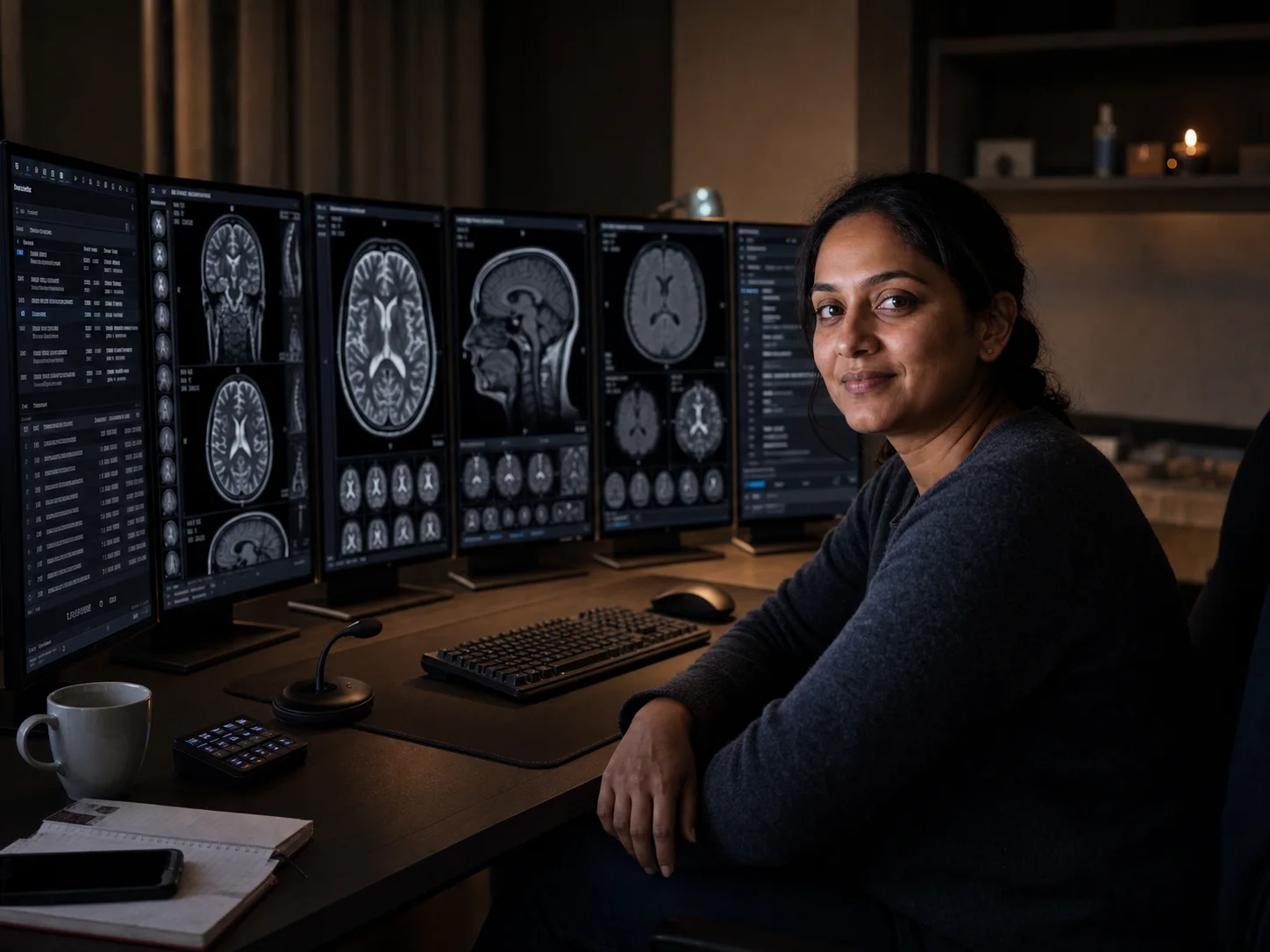 Radiologist working from home at an ExRad Station multi-display workstation