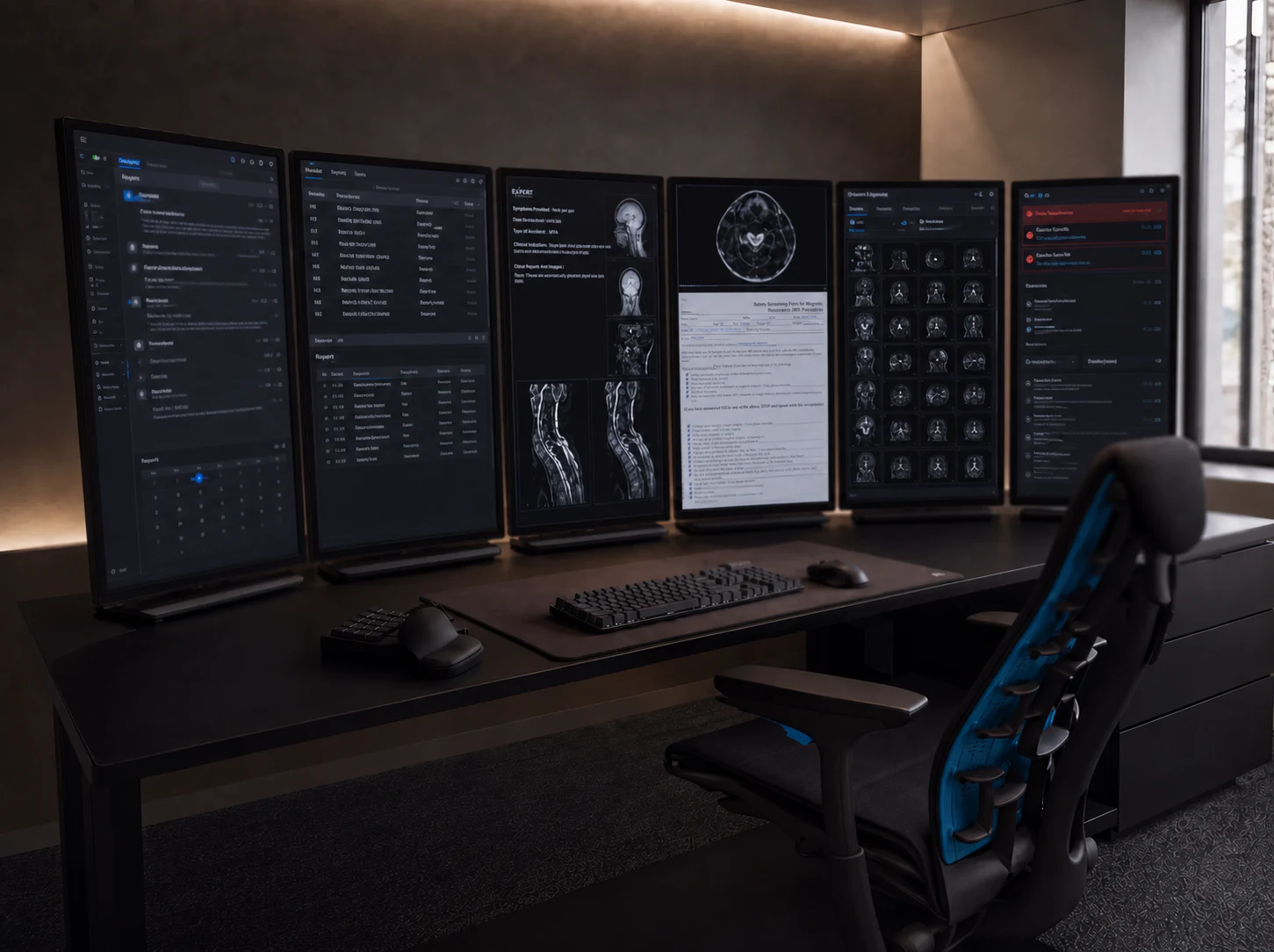 An ExRad Station showing the six-display reading workflow, keyboard, mouse, and shortcut keypad