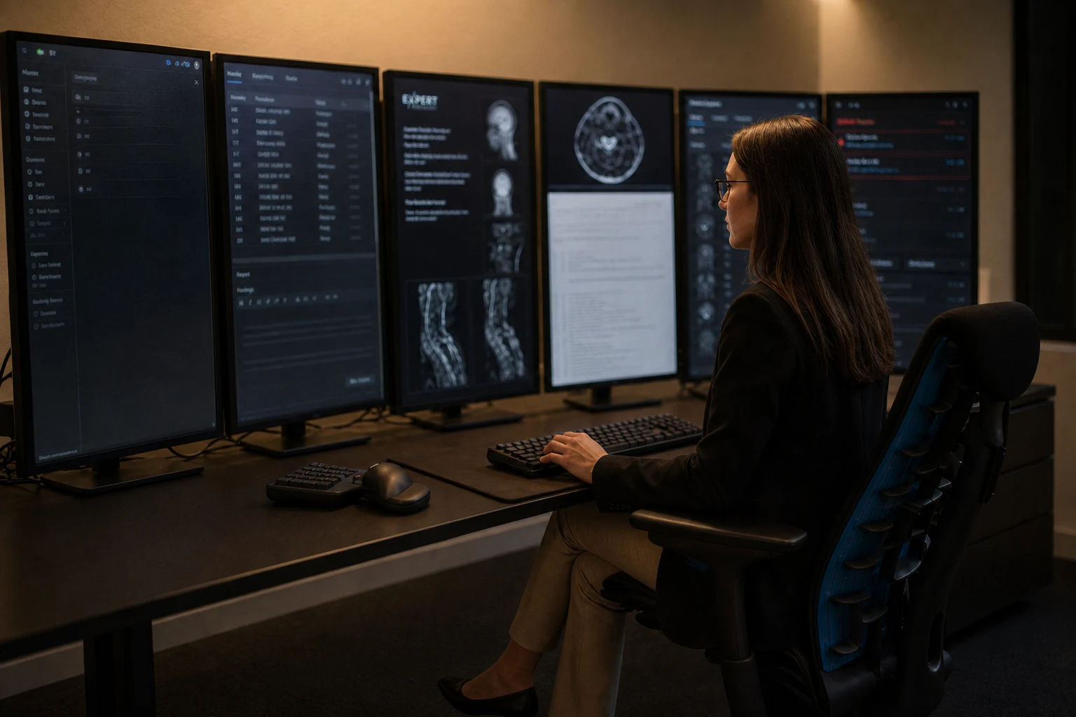 A radiologist reading at a six-display ExRad Station, with each display arranged around the reading workflow