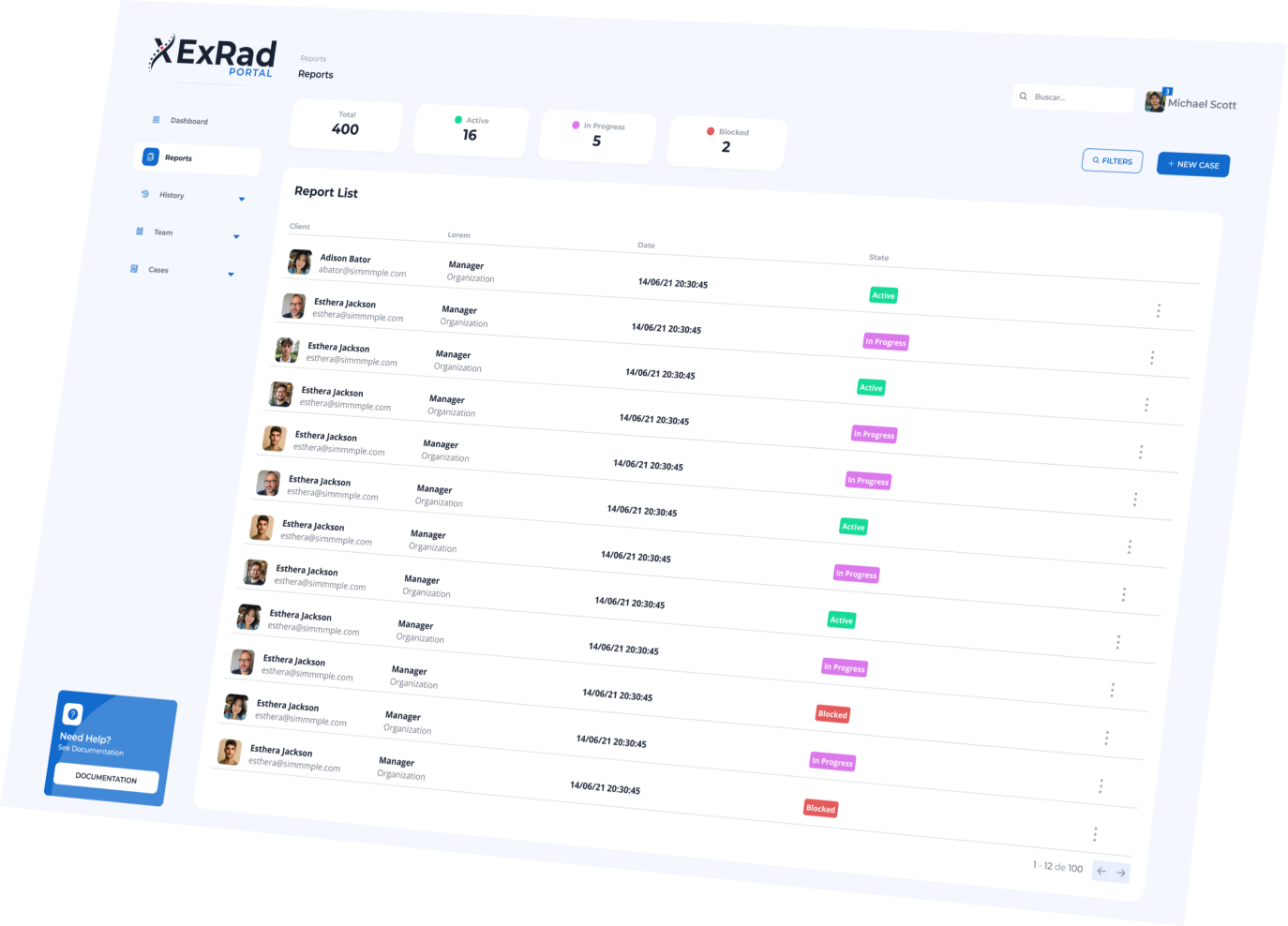 ExRad Portal dashboard showing report management interface