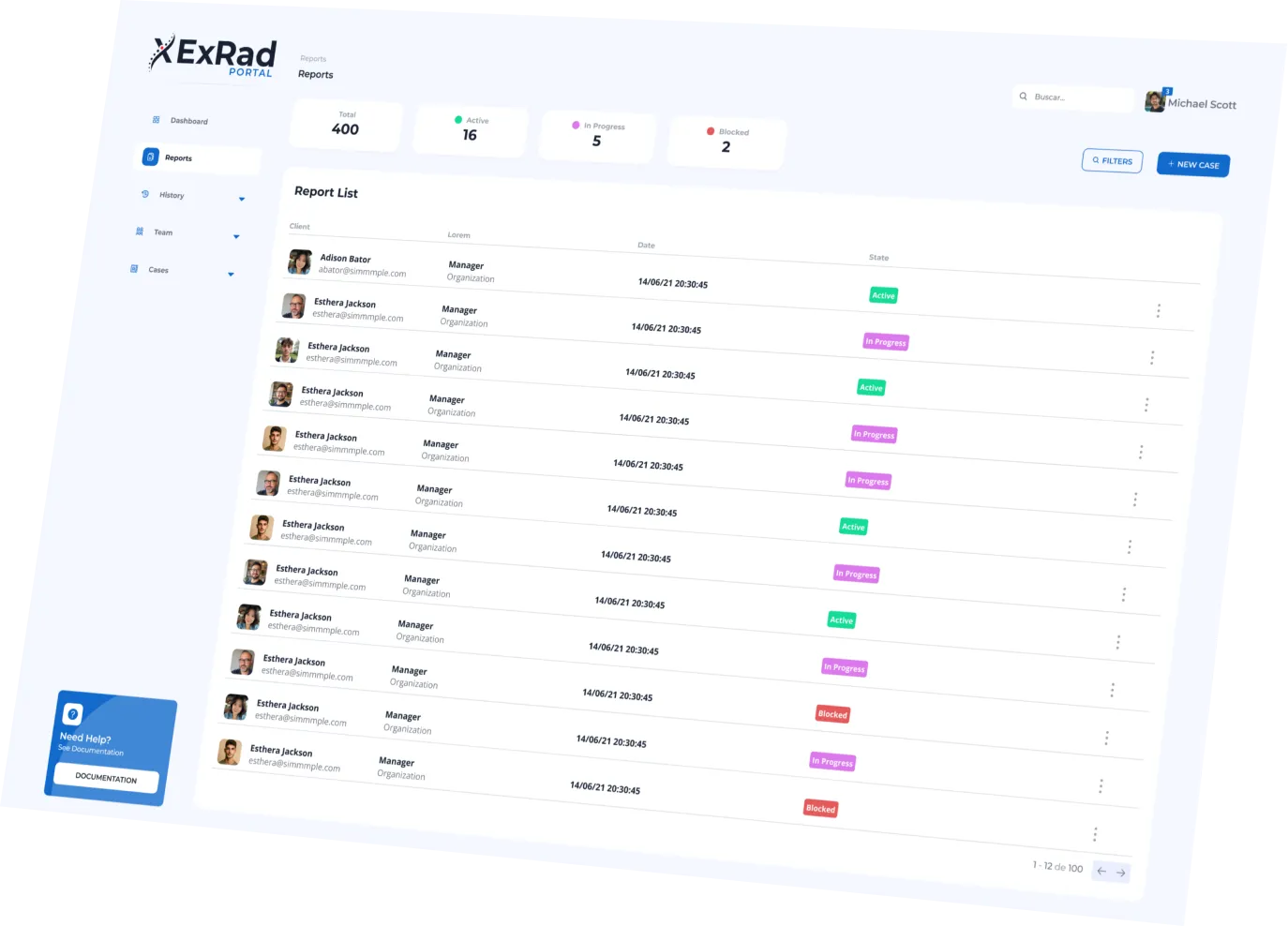 ExRad Portal dashboard showing report management interface