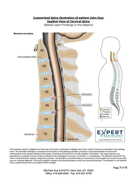 PrecisionPlus v3™ report page with the customized sagittal illustration of the cervical spine showing a reversed curvature and labeled herniations