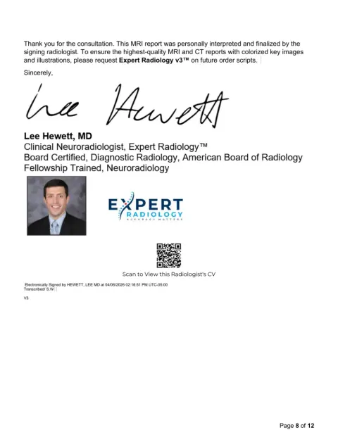 PrecisionPlus v3™ report sign-off page with the radiologist signature, credentials, headshot, and QR code CV