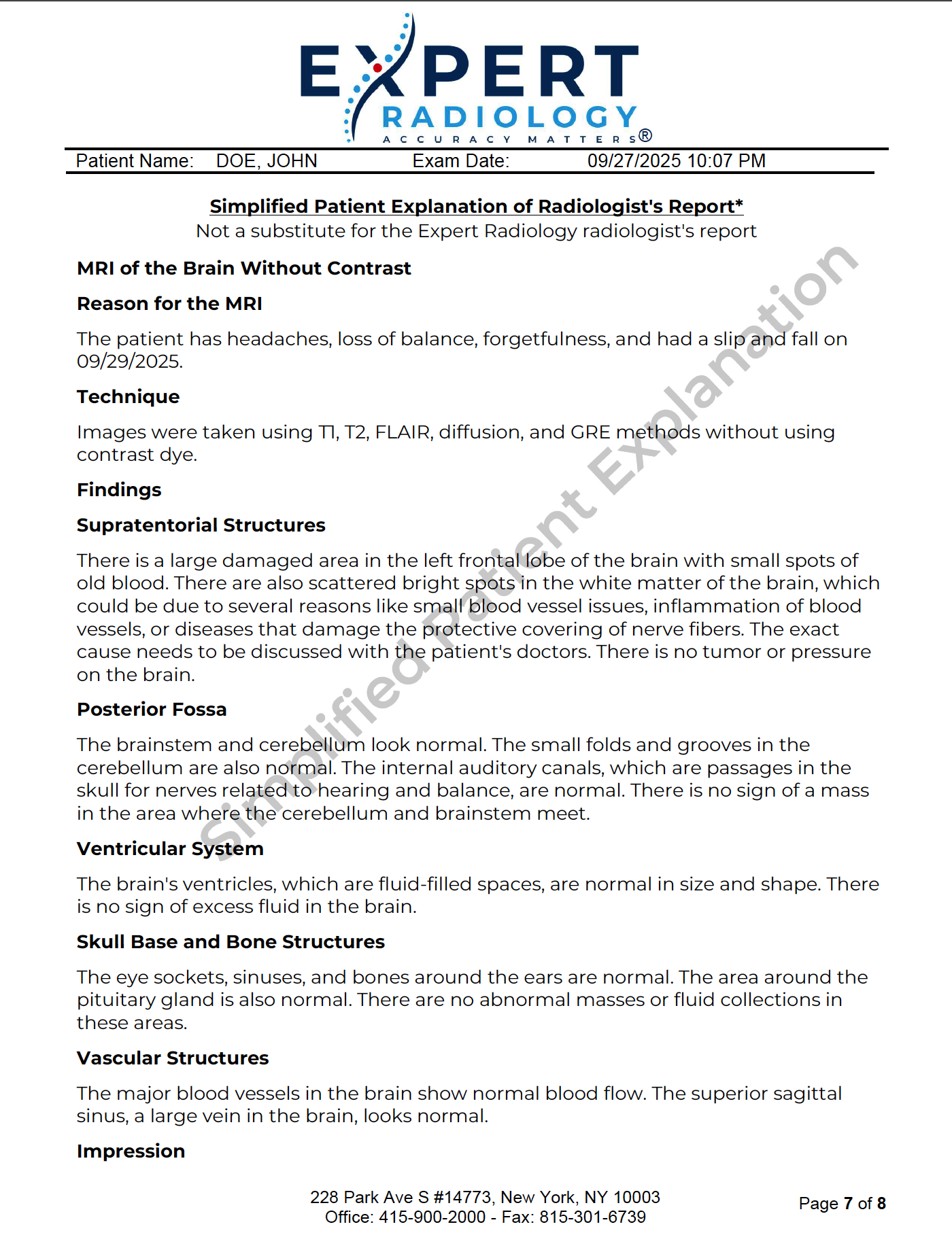Patient explanation report