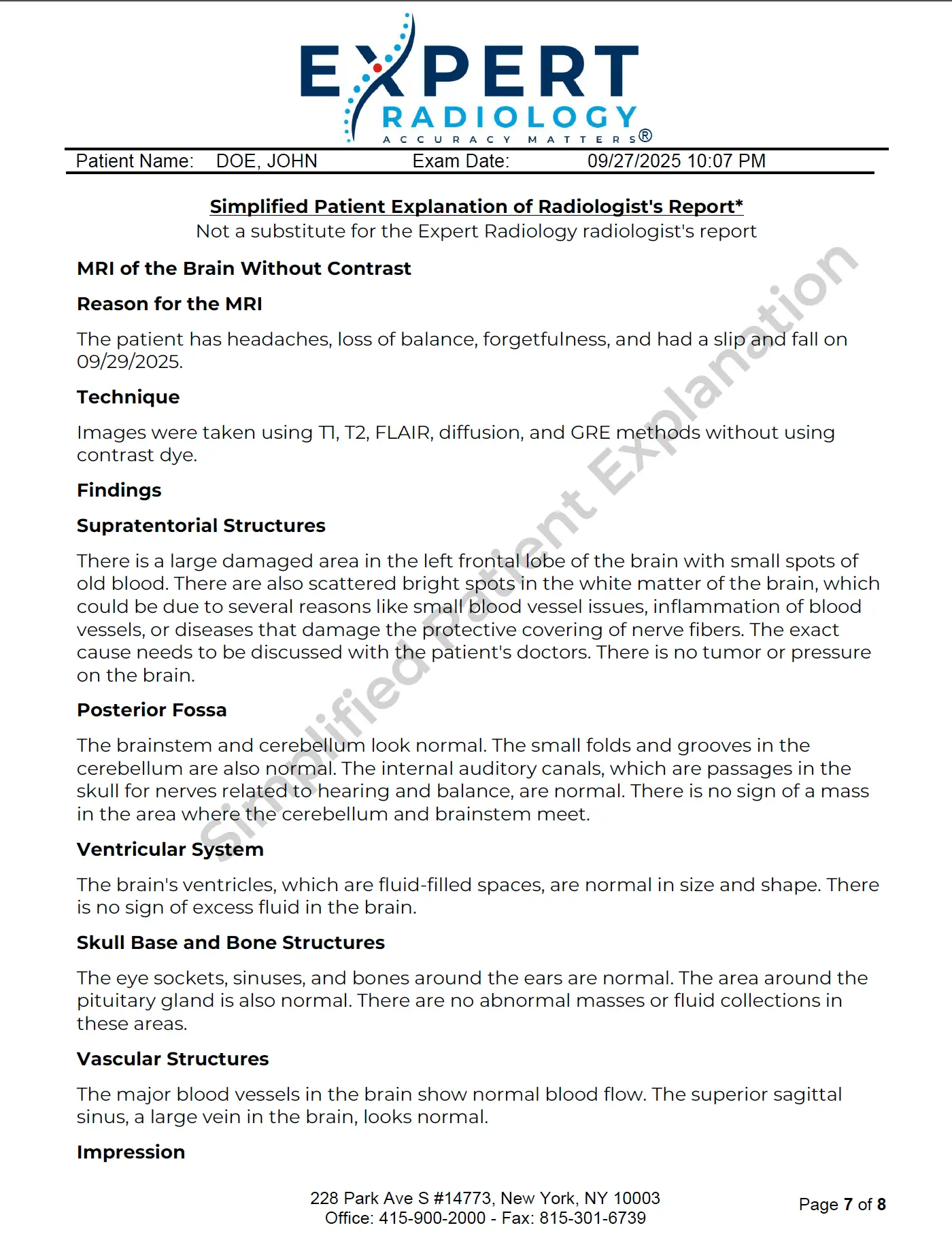 Patient explanation report
